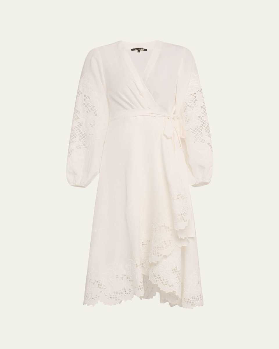 Sigal Embroidered Lace-Inset Midi Wrap Dress